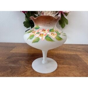 Vintage Frosted‎ Glass Pedestal Vase Hand Painted Pink Flowers Copper Rim MCM